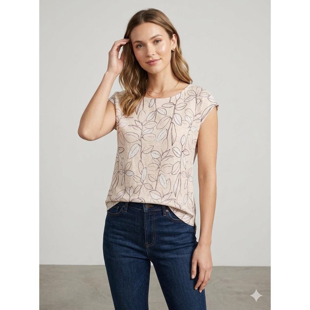 Cynthia Rowley Womens 100% Linen Floral Leaf Print Cap Sleeve Top Pink Small